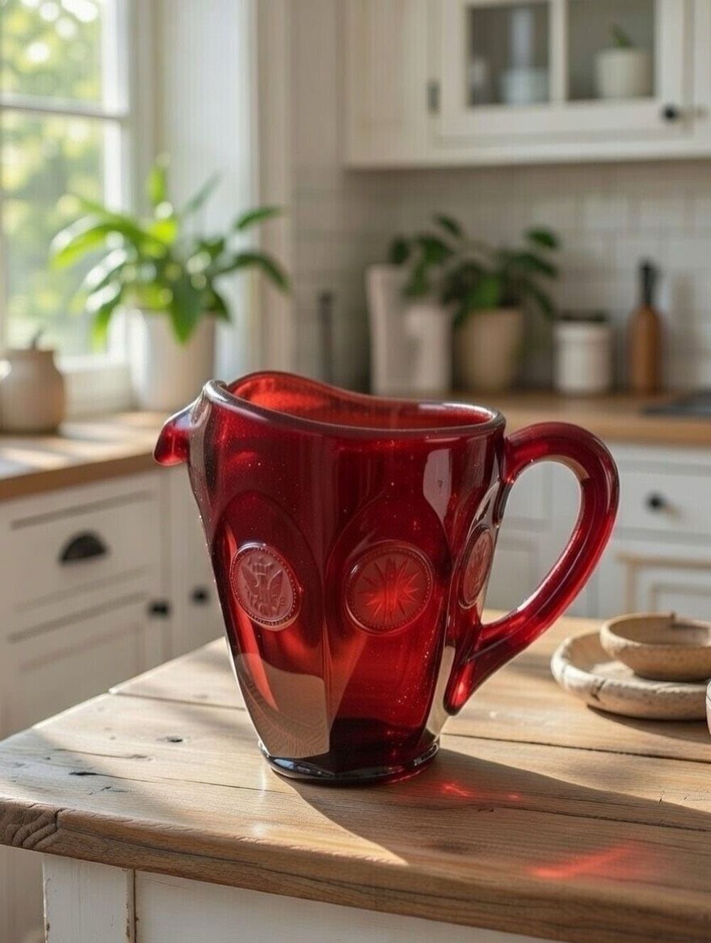 Fostoria Ruby Red Coin Dot Ice Lip Glass Pitcher Vintage Red 6” High 6” Width 32